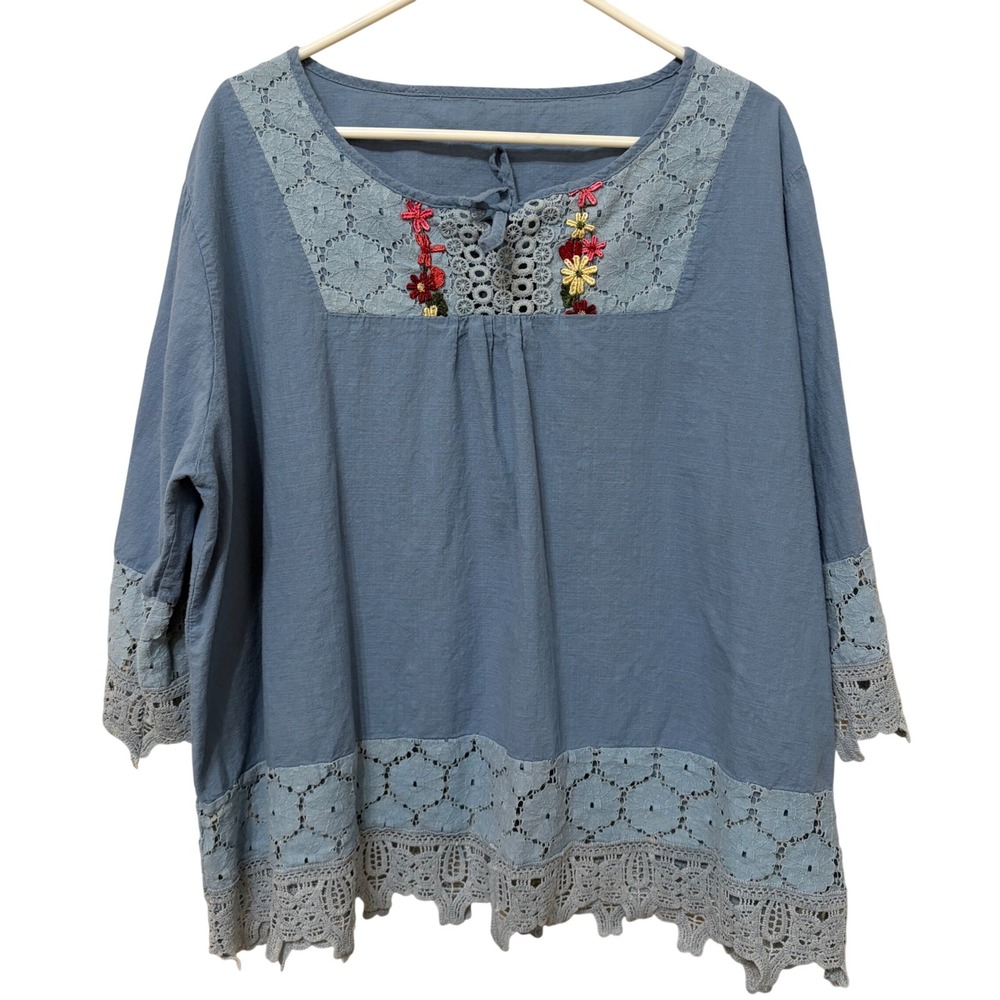 Blue Boho Embroidered Floral Lace Trim Peasant Blouse Plus Size 5XL ( 2X-3X fit)